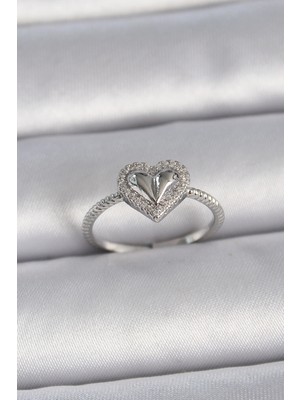 Shopwave Pirinç Gümüş Renk Ayarlanabilir Zirkon Taşlı Kalp Model Kadın Yüzük - TJ-BYK3395