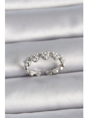 Shopwave Pirinç Gümüş Renk Ayarlanabilir Incili Kalp Model Kadın Yüzük - TJ-BYK3411