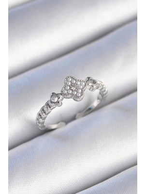 Shopwave Pirinç Gümüş Renk Incili Yonca Model Zirkon Taş Detaylı Kadın Yüzük - TJ-BYK3439