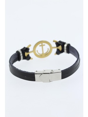 Vice Avm Gold Renk Deniz Çapası Figürlü Metal Aksesuarlı Siyah Renk Deri Erkek Bileklik - TJ-EB1339 TG-V 10511