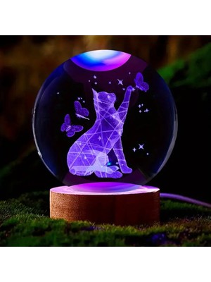 PremiumPort Kişiye Özel Işıklı Ahşap Kedi Temalı Cam Küre 8X6CM