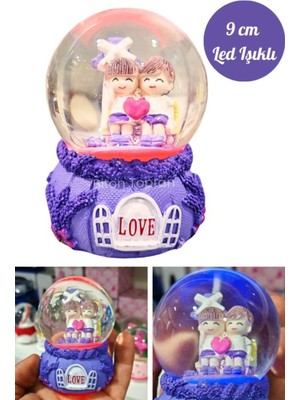 PremiumPort Mor Renkli Çift Temalı LED Işıklı Kar Küresi, 9 cm Orta Boy