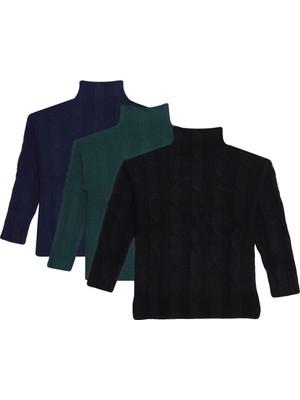 Tudors Kadın 3'lü Paket Siyah-Lacivert-Yeşil Regular Fit Klasik Kesim Yarım Balıkçı Yaka Örgü Desenli Kazak