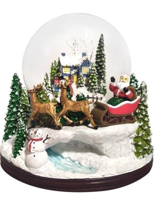 PremiumPort Işıklı Dönen Noel Baba ve Kızaklı Süs, 18X18 Cm, Müzikal Simli Su Küresi