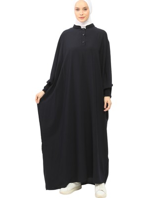 Altobeh Kadın Medine Ipeği Abaya Ferace Elbise Hakim Yakalı Yarasa Kollu Tesettür Elbise - Lacivert - L-XL