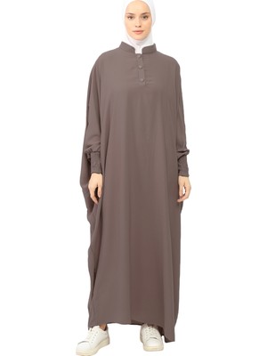 Altobeh Kadın Medine Ipeği Abaya Ferace Elbise Hakim Yakalı Yarasa Kollu Tesettür Elbise - Koyu Vizon - S-M