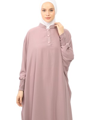 Altobeh Kadın Medine Ipeği Abaya Ferace Elbise Hakim Yakalı Yarasa Kollu Tesettür Elbise - Koyu Gül Kurusu - L-XL