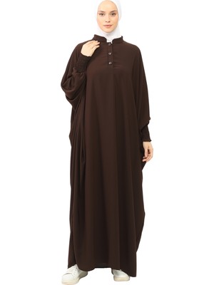 Altobeh Kadın Medine Ipeği Abaya Ferace Elbise Hakim Yakalı Yarasa Kollu Tesettür Elbise - Kahverengi - S-M