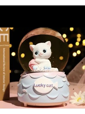 PremiumPort Sevimli 3D Desenli Lucky Cat Kar Küresi, Işıklı ve Müzikli Orta Boy
