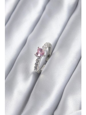 Shopwave Gümüş Renk Zirkon Taşlı Pembe Kristal Kalp Model Kadın Yüzük - TJ-BYK2851