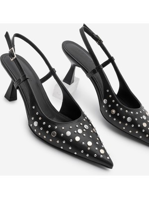 Marjin Kadın Stiletto Sivri Burun Zımbalı Troklu Arkası Açık Topuklu Ayakkabı Rofen Siyah