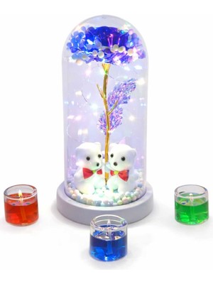 PremiumPort Mor Tabanlı LED Işıklı Gül ve Ayıcık Sevgililer Günü Hediye Fanusu