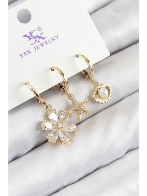 Nacario Bfs Pirinç Zirkon Taşlı 3'lü Istiridye ve Çiçek Model Gold Renk Kadın Küpe