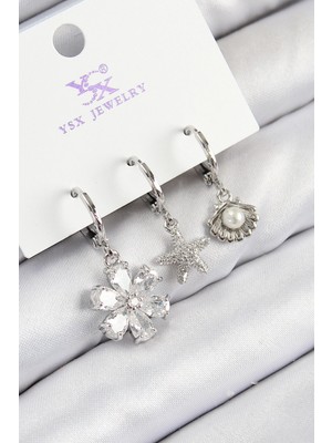 Nacario Bfs Pirinç Zirkon Taşlı 3'lü Çiçek ve Istiridye Model Gümüş Renk Kadın Küpe