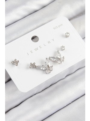 Nacario Bfs Pirinç Zirkon Taşlı Model Gümüş Renk 925 Ayar Gümüş Çivi Kadın Küpe Set