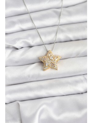 Nacario Bfs 316L Çelik Zincir Gümüş Renk Zincirli Gold Yıldız Model Kadın Kolye
