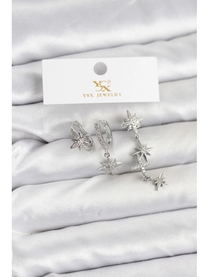 Nacario Bfs Pirinç Gümüş Renk Zirkon Taşlı Kutup Yıldızı Model Ysx Trio Küpe Seti