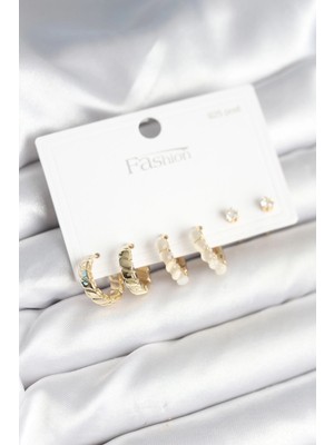 Nacario Bfs Gold Renk Pirinç Halka 925 Ayar Gümüş Çivili Kadın Küpe Seti