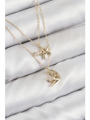 Nacario Bfs Pirinç Zirkon Taşlı Yıldız ve Ay Model Gold Renk Kadın Kolye