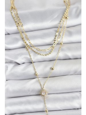 Nacario Bfs Pirinç Gold Renk Güneş Model Detaylı 3'lü Kombin Y Kadın Kolye