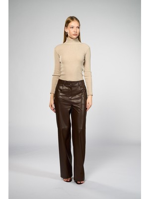 Thalure Kadın Kahverengi Bol Paça Deri Pantolon