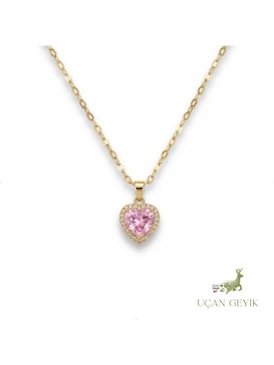 Uçan Geyik Pembe Renkli Kalpli Kolye - Sarı Zincir | Şifa ve Sevgi Taşı - Kadın Takı