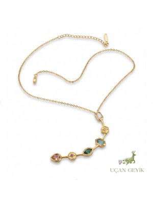 Uçan Geyik Y Şeklinde Taşlı Kolye - Sarı Zincir | Huzur ve Sevgi - Kadın Takı