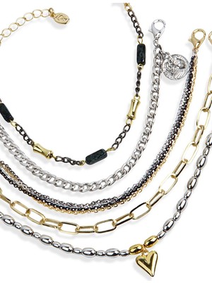 Klips Toptan Kalp Obje Detay Beşli Kombin Bileklik