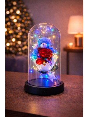PremiumPort Renkli LED Işıklı Cam Fanus Içinde Çiçek ve Ayıcık Dekoratif Obje
