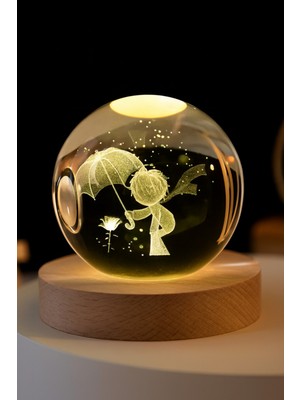 PremiumPort Ahşap Tabanlı Küçük Prens Şemsiye ve Kristal Küre, LED Işıklı Dekor