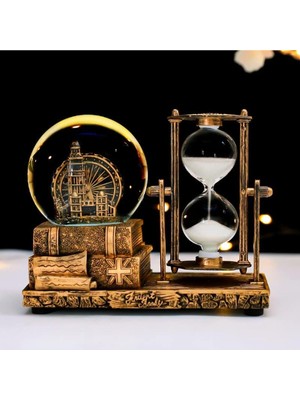 PremiumPort Kişiye Özel Retro Kitaplı Kar Küresi ve Kum Saati Masa Dekoru