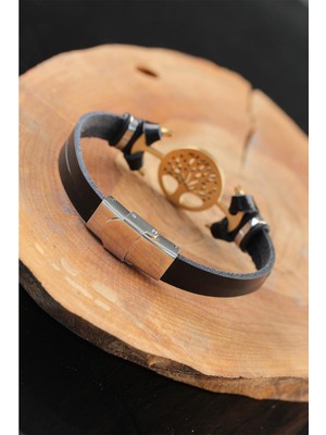 Vice Avm Gold Renk Metal Ağaçlı Tasarım Siyah Renk Deri Erkek Bileklik - TJ-EB2552-KS TG-V 10512