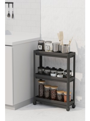 DEYHOMEVesken Tekerlekli Raf Ünitesi 3 Katlı Siyah Banyo Rafı Mutfak Rafı Servis Sehpası Organizer