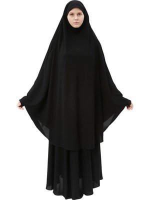 Altobeh Kadın Tesettür Medine Ipeği Çarşaf Takımı Peçeli Sufle ve Etek-Siyah-L/XL