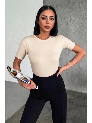 TrentCo Rahat ve Şık Kısa Kollu Bisiklet Yaka Likralı Viskon Penye Body Bej ( Lisinya )