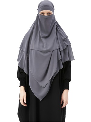 Altobeh Hazır Pratik Şifon Üç Katlı Peçeli Üçgen Hac Umre Şalı Sufle Hijab Nikap - Füme