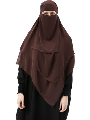 Altobeh Hazır Pratik Şifon Üç Katlı Peçeli Üçgen Hac Umre Şalı Sufle Hijab Nikap -Kahverengi