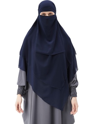 Altobeh Hazır Pratik Şifon Üç Katlı Peçeli Üçgen Hac Umre Şalı Sufle Hijab Nikap - Lacivert