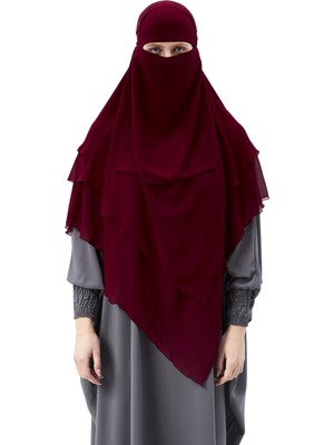 Altobeh Hazır Pratik Şifon Üç Katlı Peçeli Üçgen Hac Umre Şalı Sufle Hijab Nikap - Bordo
