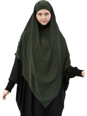 Altobeh Hazır Pratik Şifon Üç Katlı Peçeli Üçgen Hac Umre Şalı Sufle Hijab Nikap - Haki