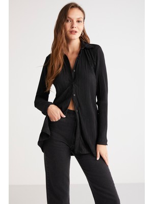 Ethiquet Abbıe Kadın Piliseli Kalın Dokulu Uzun Kollu Siyah Gömlek