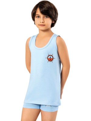 Veloure Erkek Çocuk Atlet ve Şort Takım  2'li Deniz Modelli Pamuklu Boxer Atlet , Mavi Renk (4 Parça)