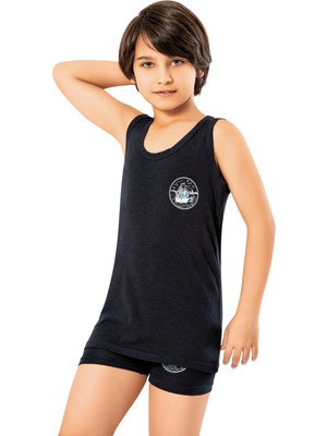 Veloure Erkek Çocuk Atlet ve Şort Takım  2'li Deniz Modelli Pamuklu Boxer Atlet ,Siyah Renk (4 Parça)