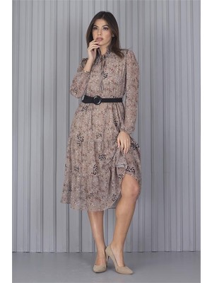 Neşeli Butik Kadın Kemerli Leopar Desenli Yeni Sezon Midi Boy Şifon Elbise APCX04