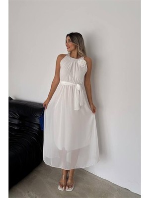 Neşeli Butik Kadın Gül Broş Detaylı Uzun Şifon Elbise NBK2144