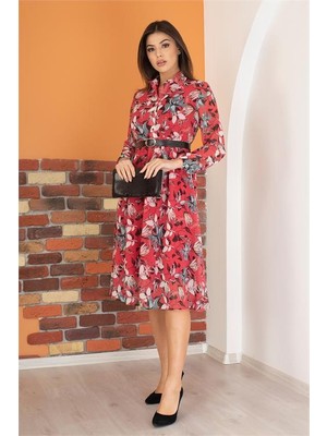 Neşeli Butik Kadın Kırmızı Kemerli Çiçek Desenli Şifon Elbise RY0031