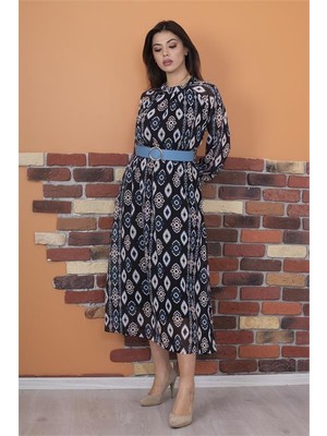 Neşeli Butik Kadın Kemerli Yaka Detaylı Uzun Şifon Elbise RY0032