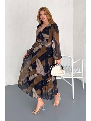 Neşeli Butik Kadın Astarlı Midi Boy Şifon Elbise NBK20301