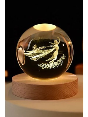 PremiumPort 3D Kristal Top Özgür Melek Modeli Ahşap Standlı USB Kablo ile Şık Dekor