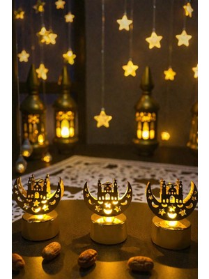 Peanelife Ramazan Ay & Cami Silüetli Dekoratif Pilli  LED Mum – 3’lü Seti